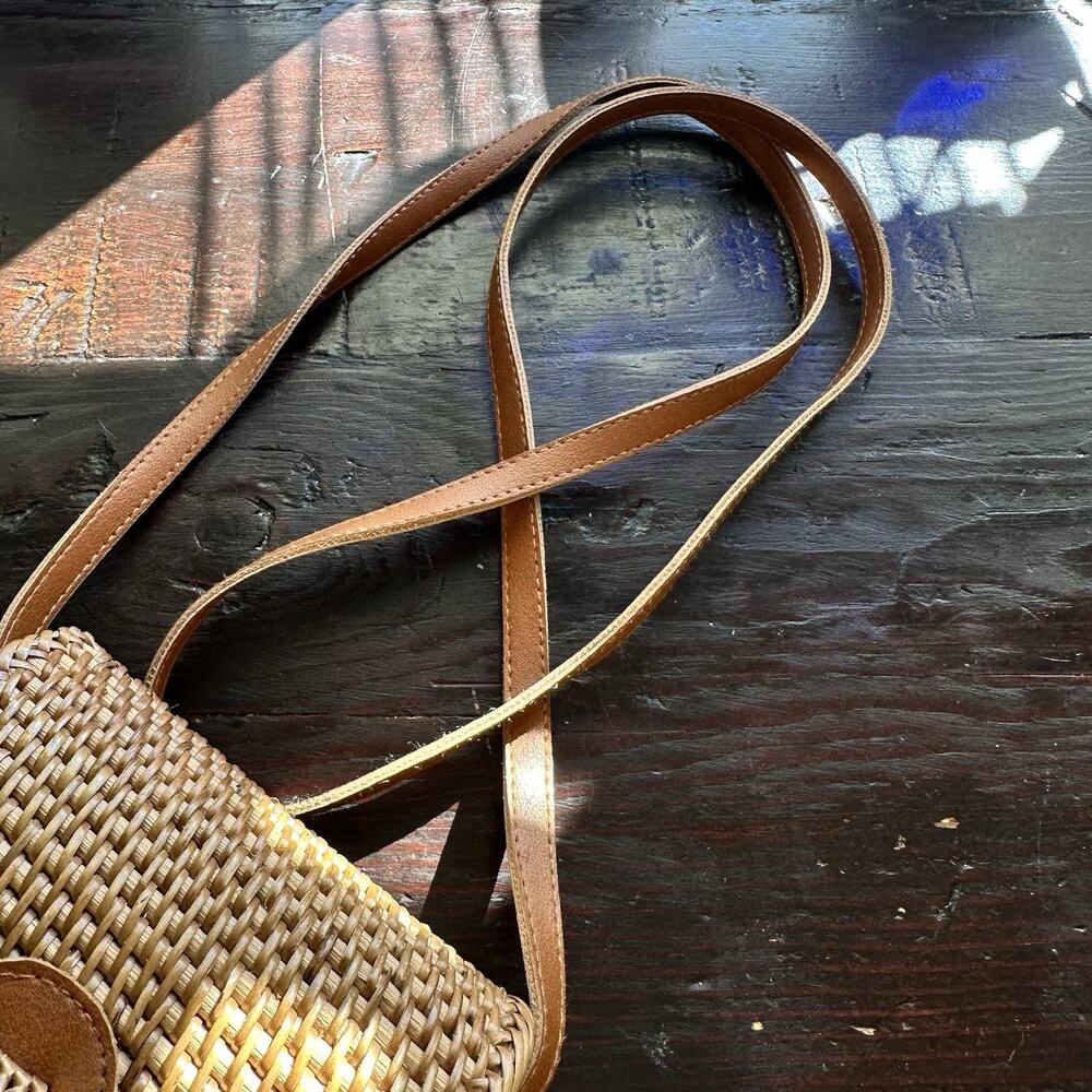 Rattan Crossbody Handbag S Brown Snap Flap Rectangle Lined Faux Leather Strap - Picture 12 of 16